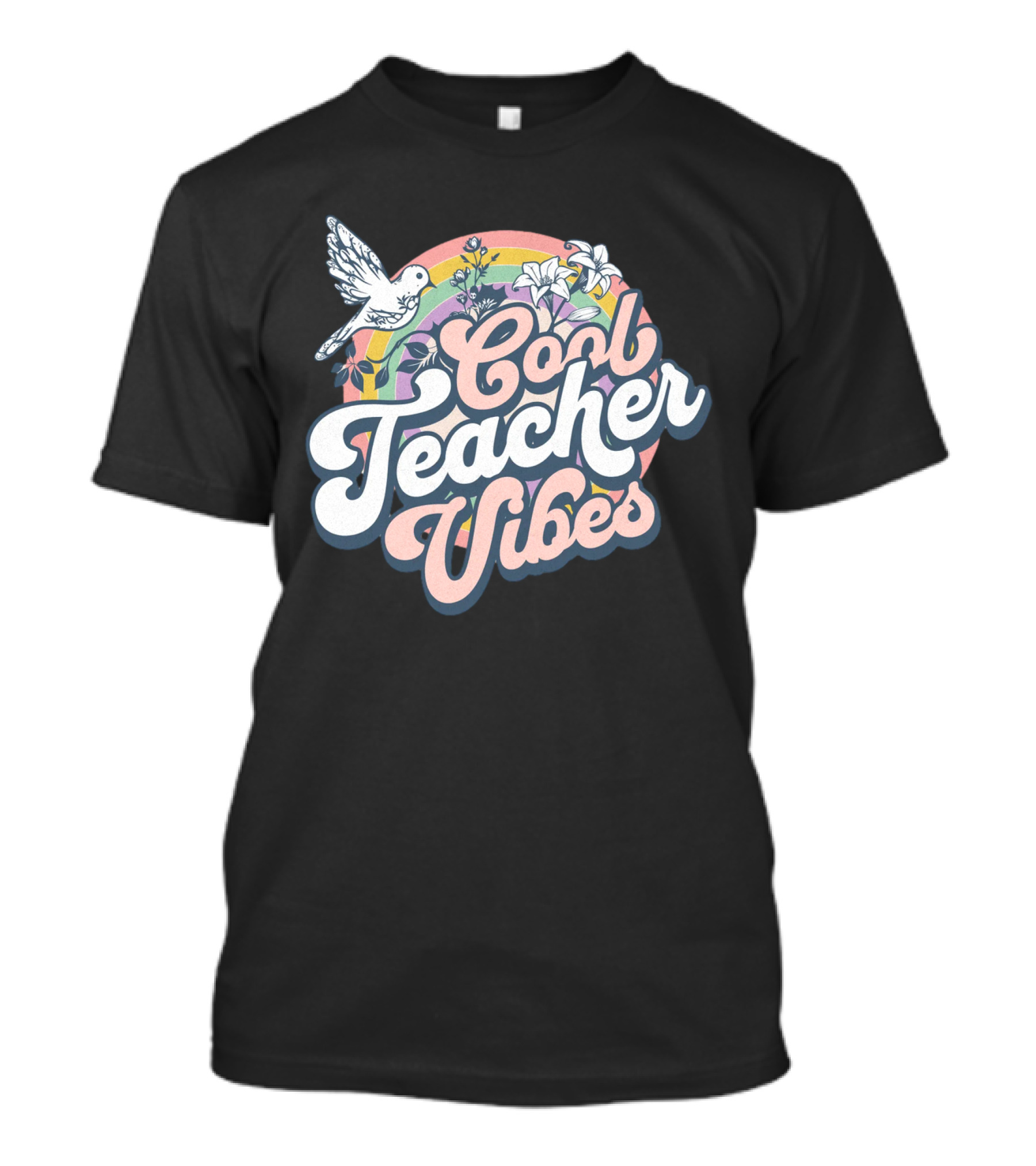Cool Teacher Vibes Retro Rainbow Floral Design With Dove T-Shirt