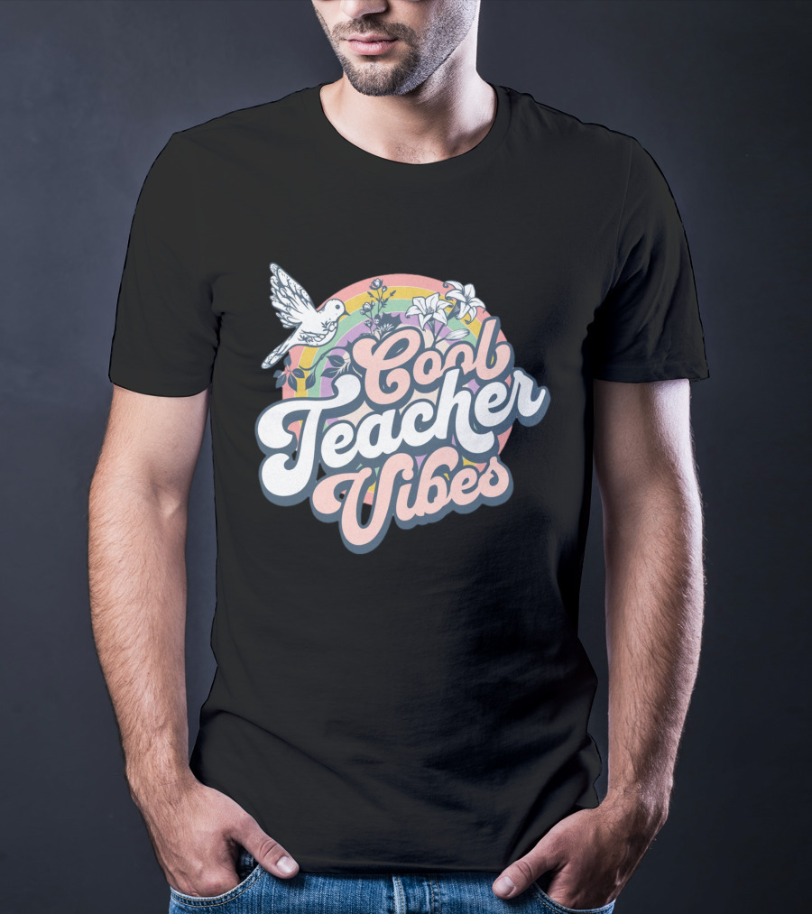 Cool Teacher Vibes Retro Rainbow Floral Design With Dove T-Shirt