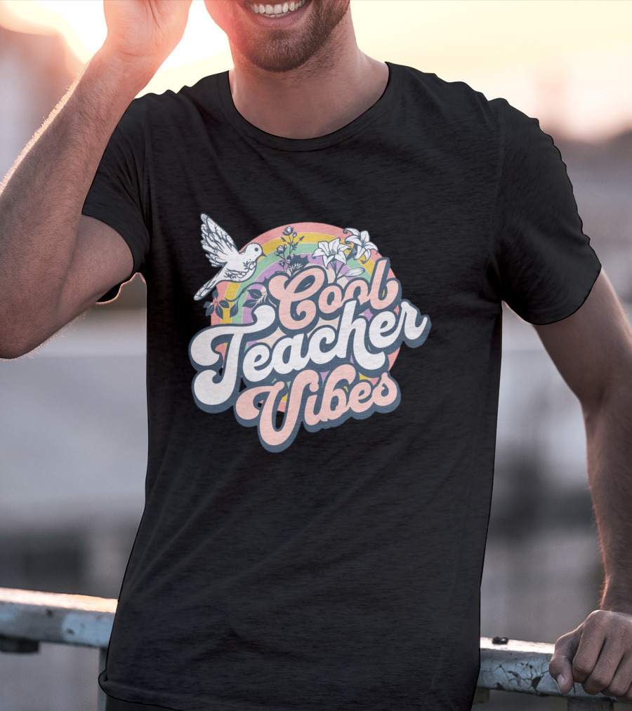 Cool Teacher Vibes Retro Rainbow Floral Design With Dove T-Shirt