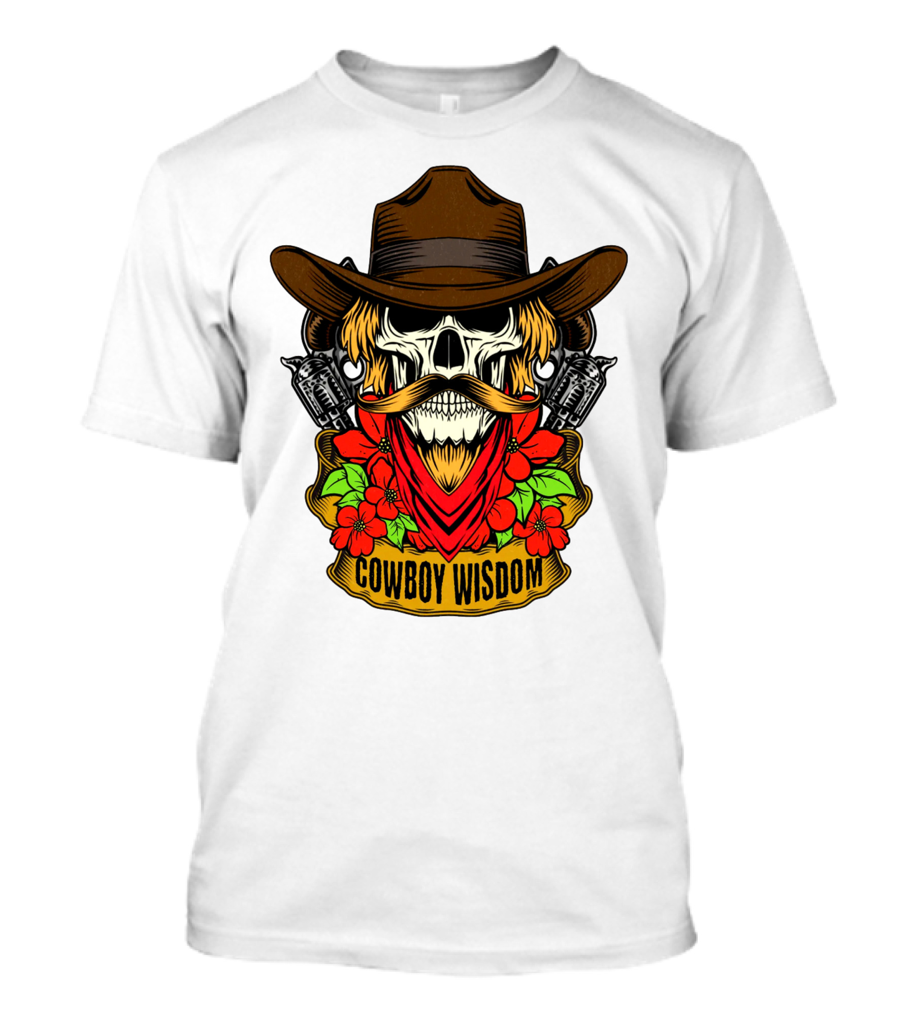 Cowboy Wisdom Skull Western Skeleton Bandana Pistols Flowers T-Shirt