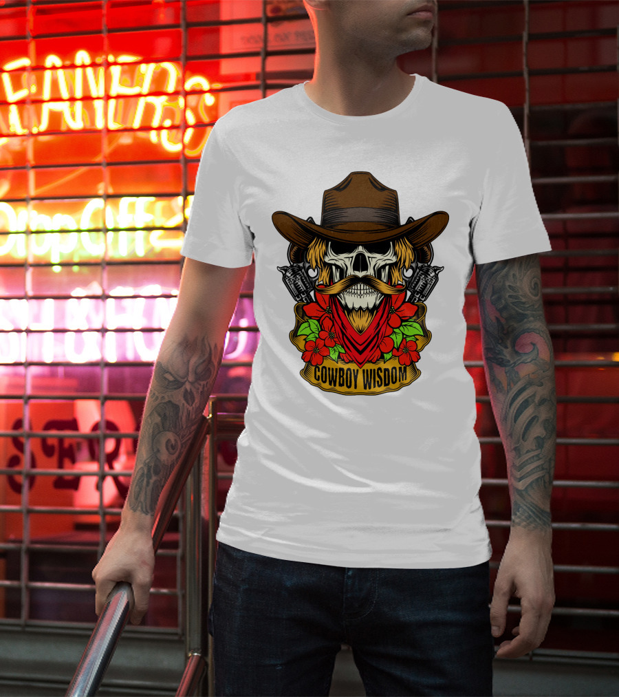 Cowboy Wisdom Skull Western Skeleton Bandana Pistols Flowers T-Shirt