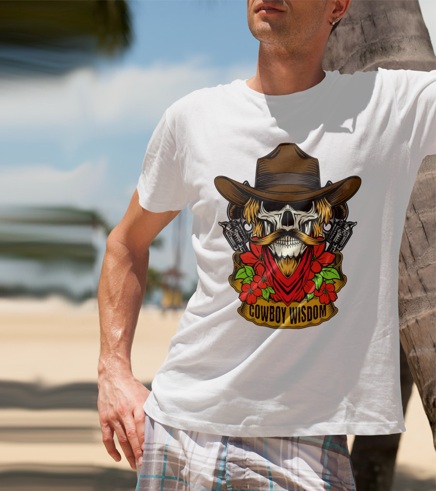 Cowboy Wisdom Skull Western Skeleton Bandana Pistols Flowers T-Shirt