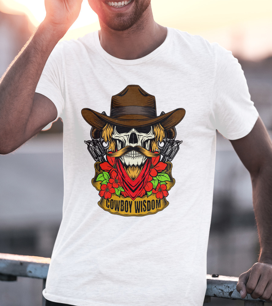 Cowboy Wisdom Skull Western Skeleton Bandana Pistols Flowers T-Shirt