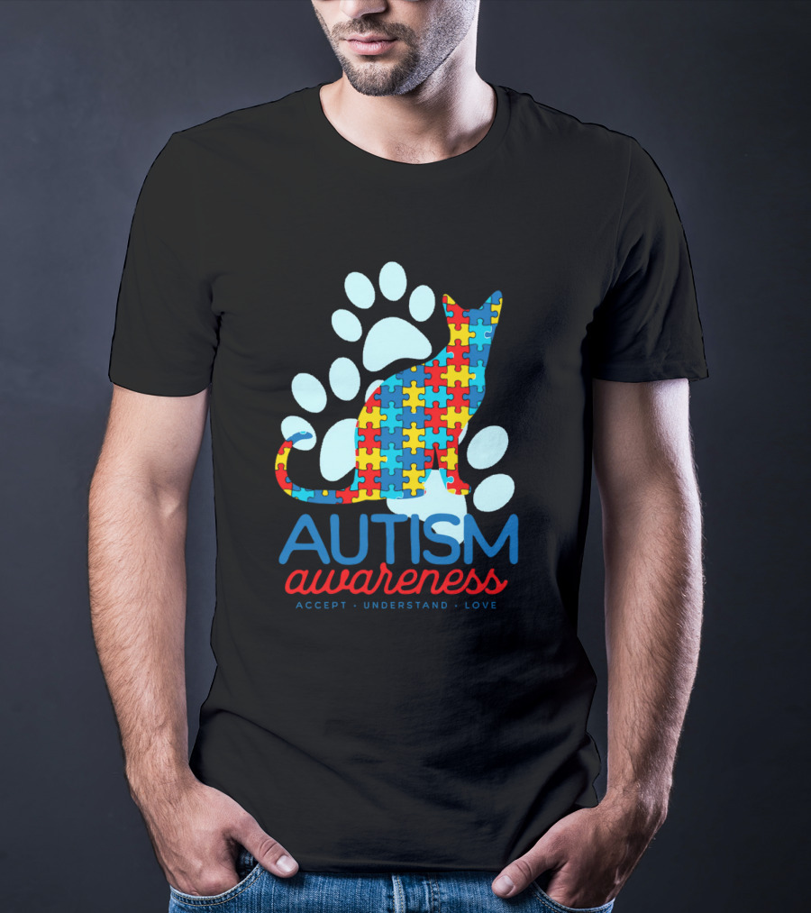 Autism Awareness Accept Understand Love Puzzle Cat Paw T-Shirt