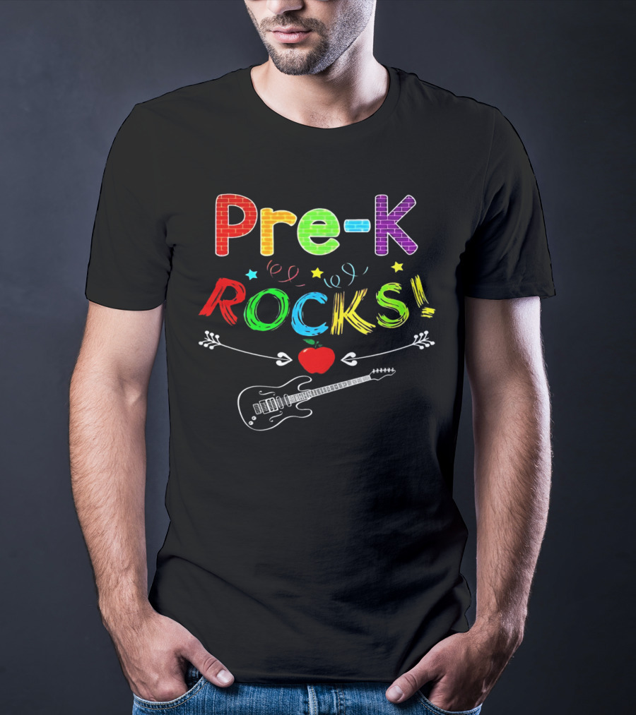 Pre-K Rocks Funny Kids Teachers Back To School With Guitar And Apple T-Shirt
