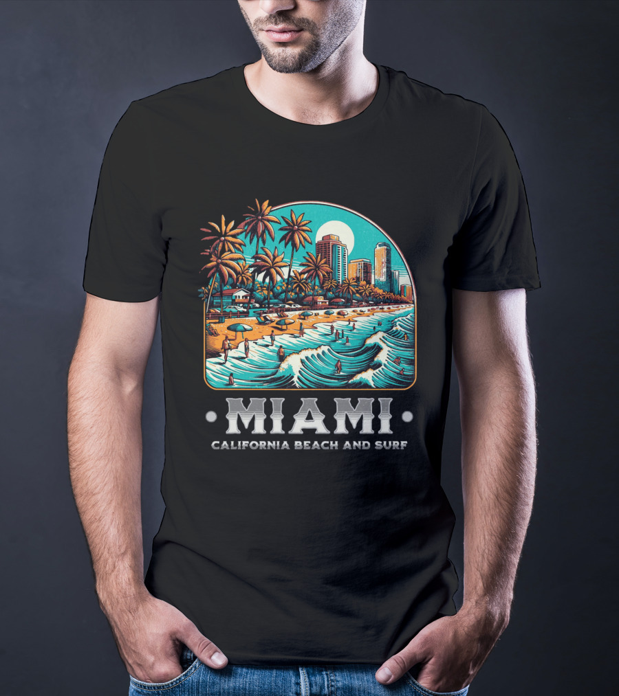 Miami Beach And Surf California Palm Skyline Ocean Waves T-Shirt