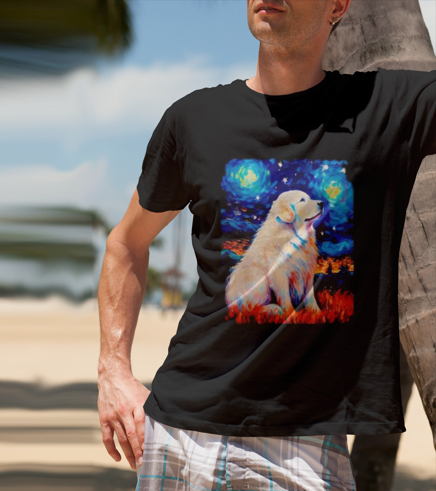 Starry Night Great Dog Van Gogh Style Golden Retriever T-Shirt