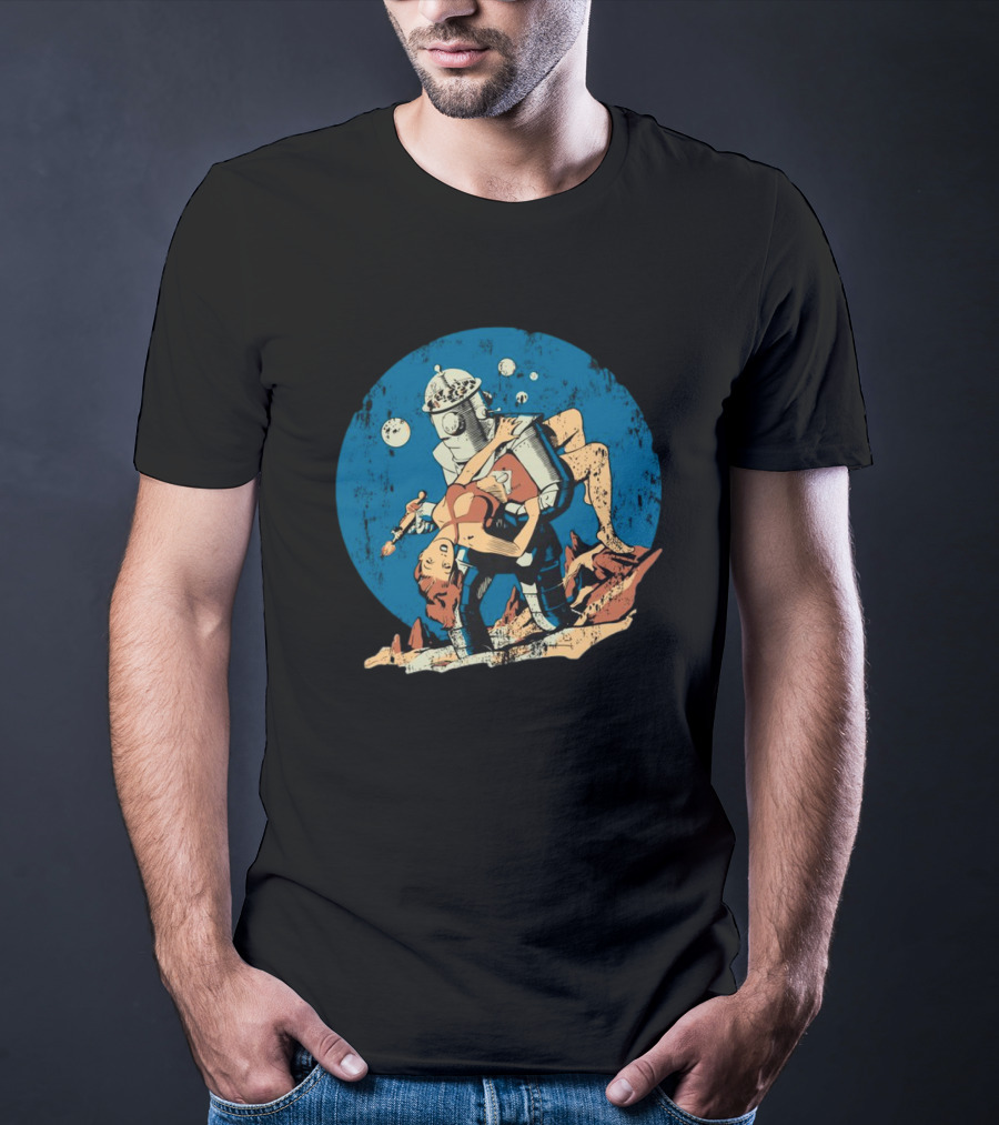 Damselindistress Retro Robot Romance Vintage Sci-Fi Space Adventure T-Shirt