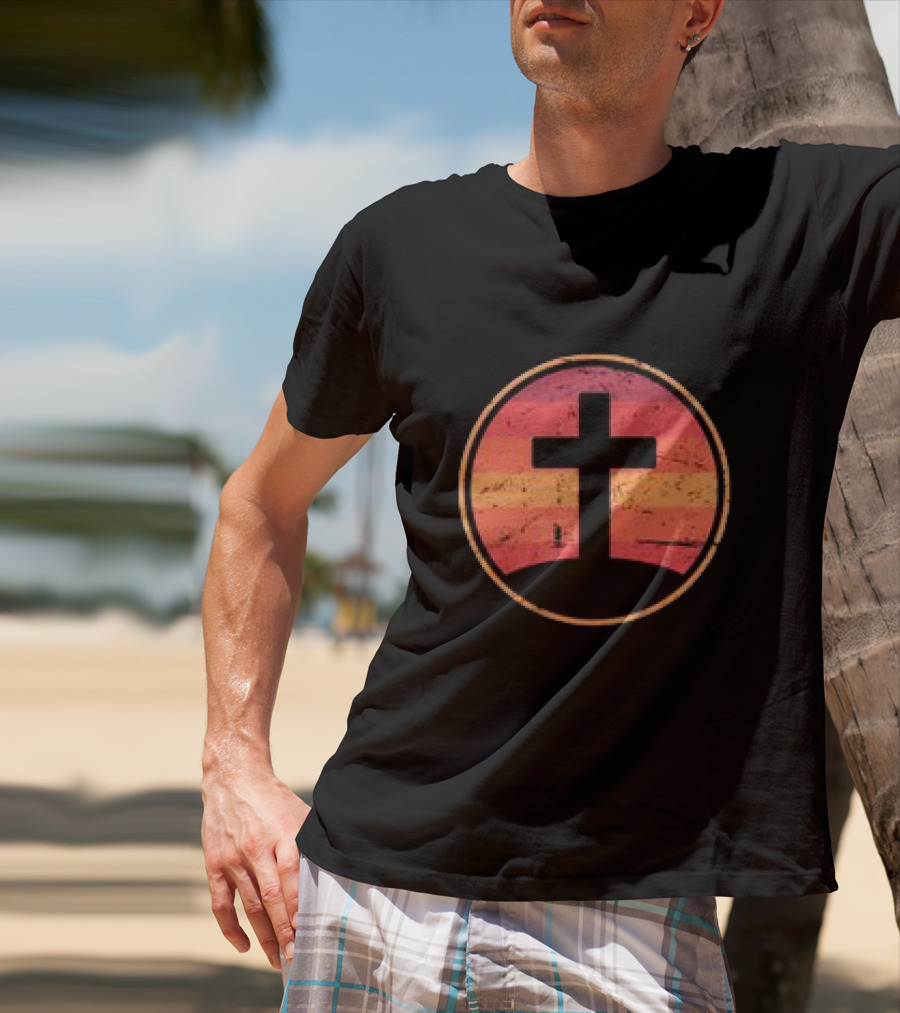 Retro Christian Cross Vintage Sunset On Champion T-Shirt