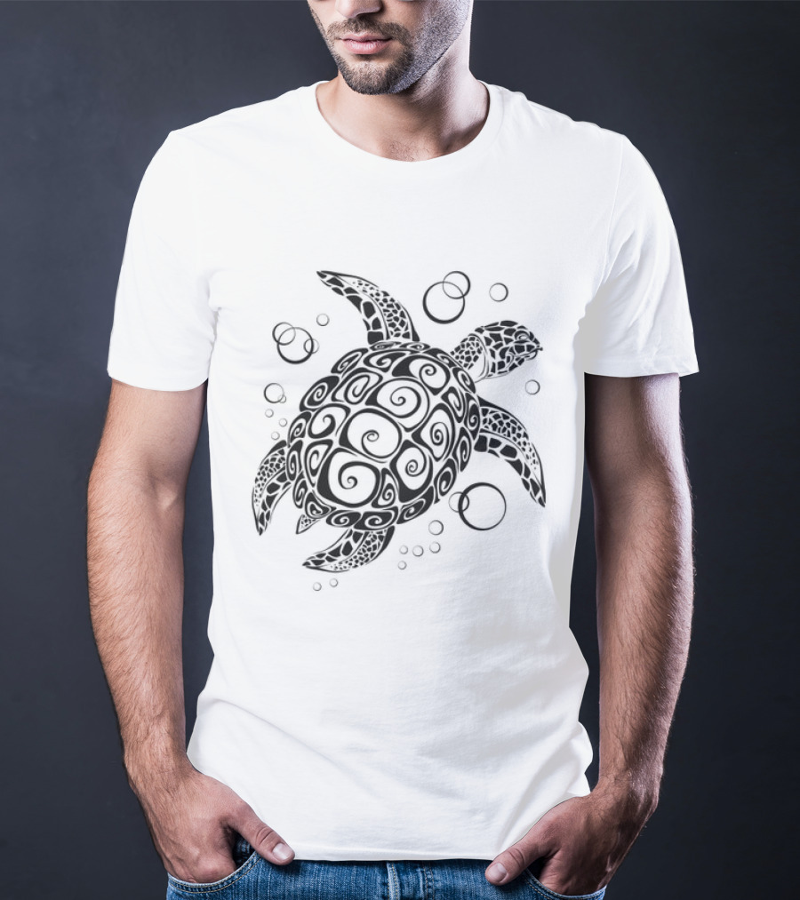 Sea Turtle Tribal Pattern With Bubbles T-Shirt