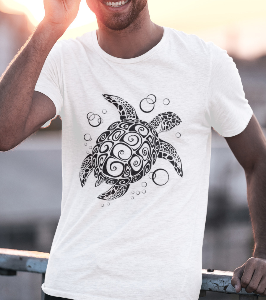 Sea Turtle Tribal Pattern With Bubbles T-Shirt