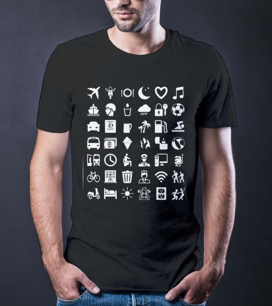Symbol Travel Icons Airplane Music Bicycle Coffee Mug WiFi Soccer Bed Scooter Sun Plug Adventure T-Shirt