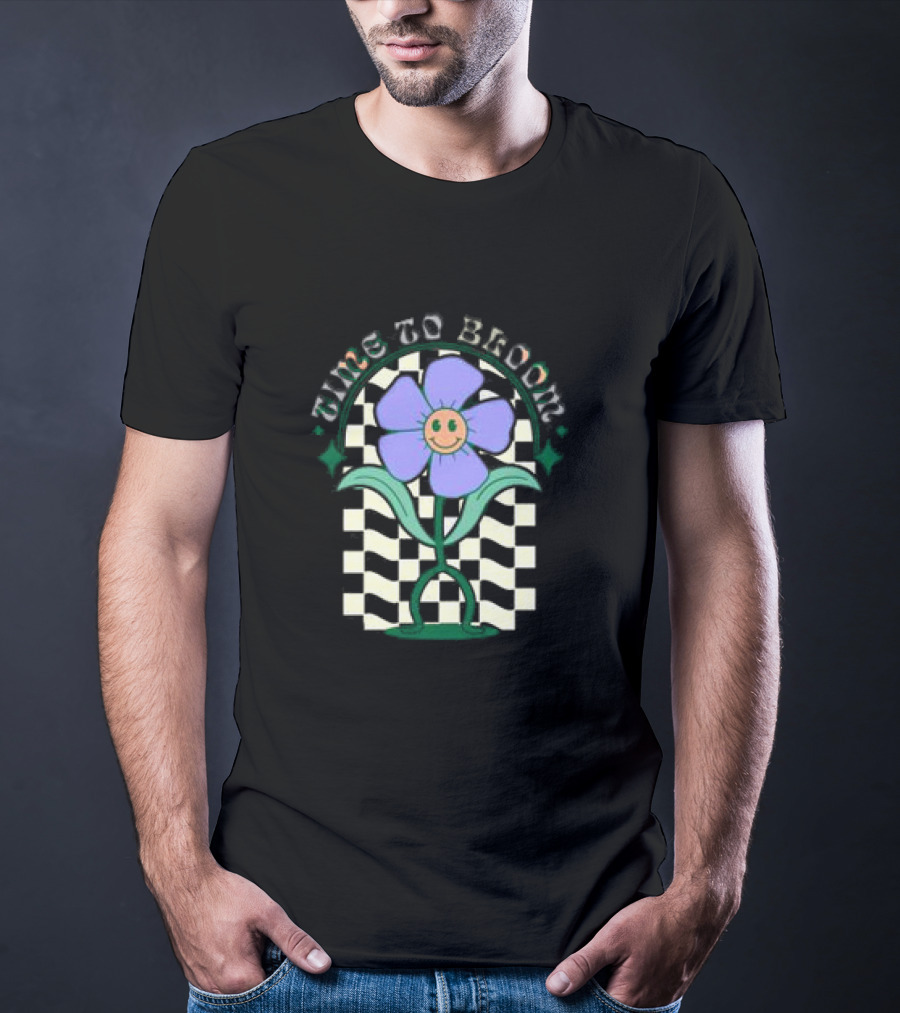 Time To Bloom Flower With Checkerboard Background And Smiley Face T-Shirt