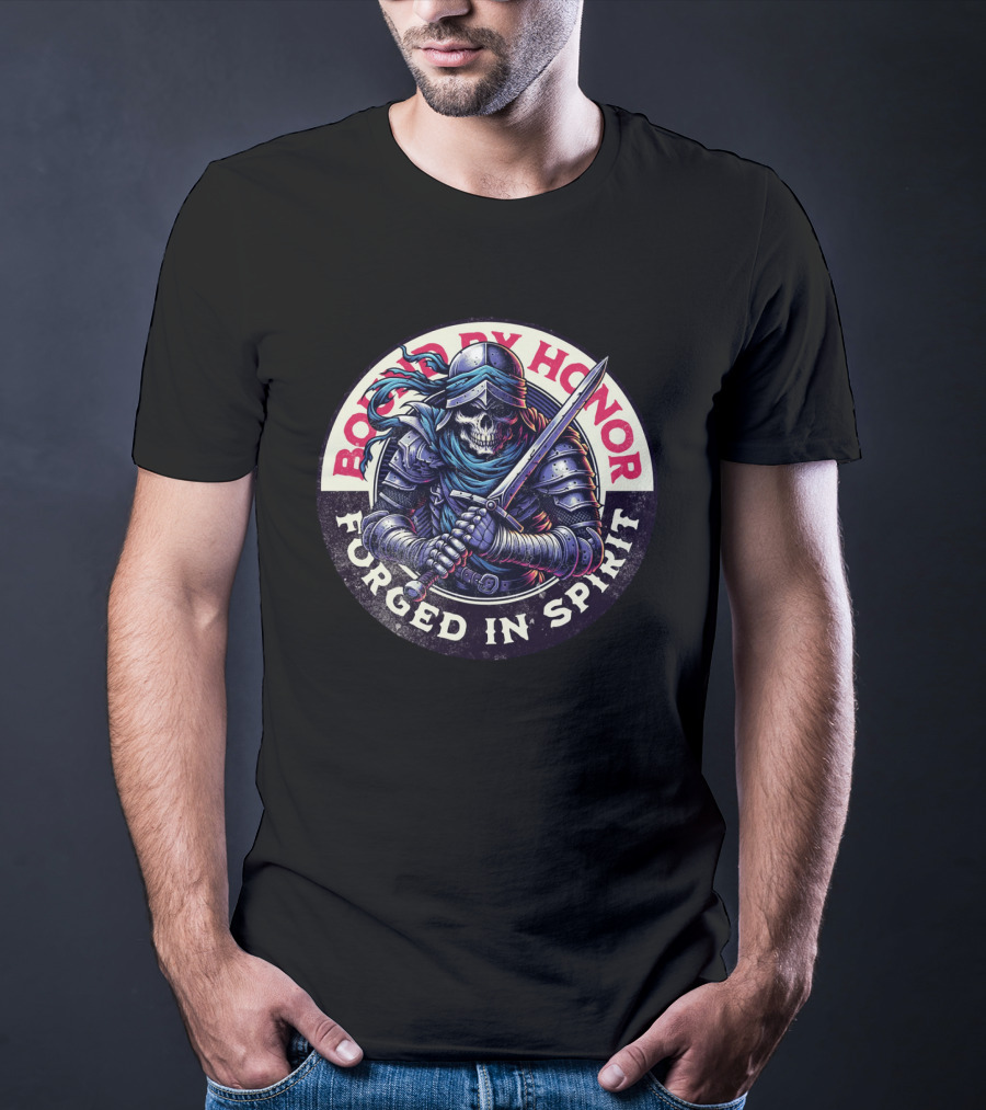 Bound By Honor Forged In Spirit Knight Skull With Sword T-Shirt