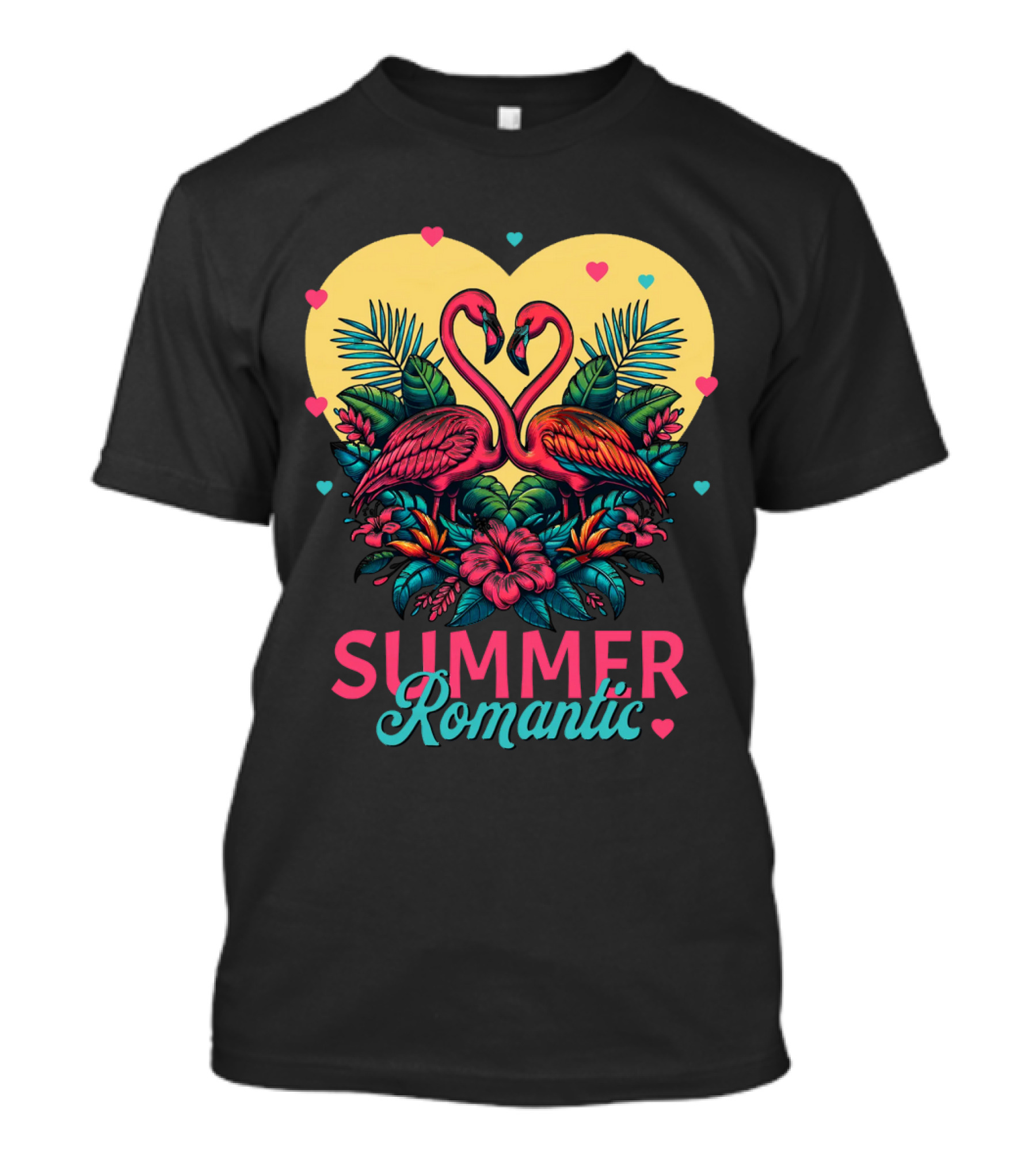 Summer Romantic Flamingo Birds Love Heart And Tropical Flowers T-Shirt