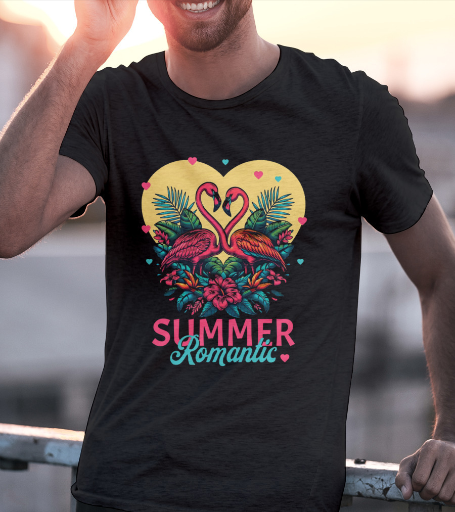 Summer Romantic Flamingo Birds Love Heart And Tropical Flowers T-Shirt