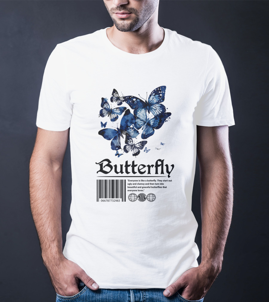 Butterfly Minimal Elegant Blue Watercolor Theme With Graceful Quote And Barcode T-Shirt