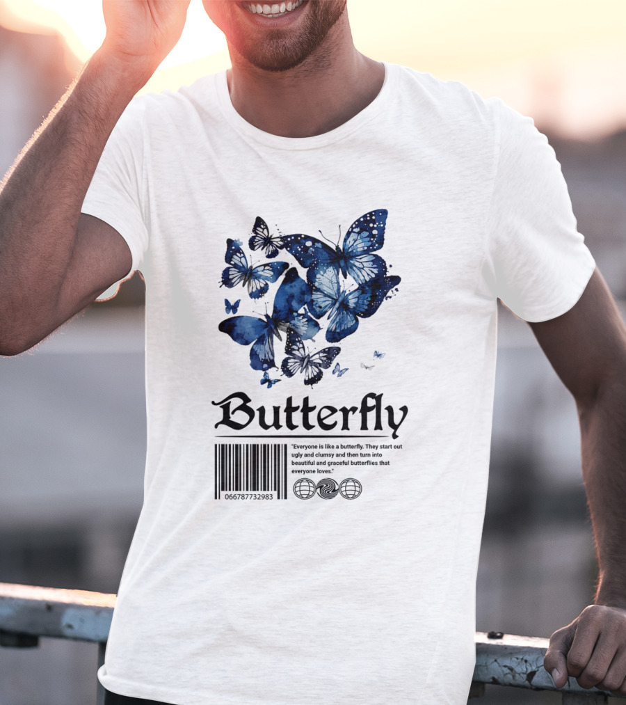 Butterfly Minimal Elegant Blue Watercolor Theme With Graceful Quote And Barcode T-Shirt