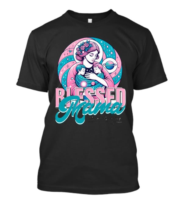 Blessed Mama Cosmic Mother With Children And Floral Halo T-Shirt