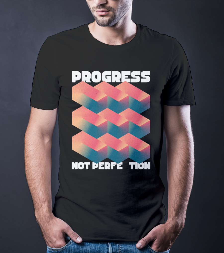 PROGRESS NOT PERFECTION Geometric Illusion 3D Blocks T-Shirt