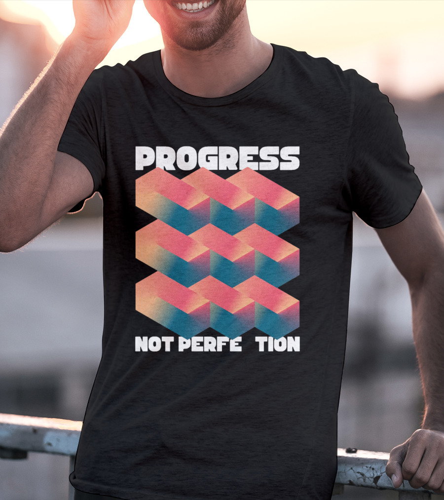 PROGRESS NOT PERFECTION Geometric Illusion 3D Blocks T-Shirt