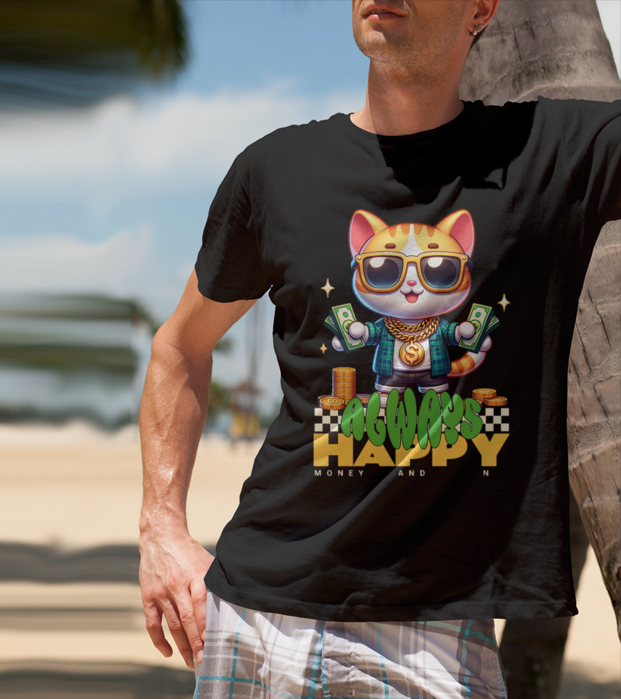 Always Happy Money And Fun Cool Cat With Sunglasses And Cash T-Shirt