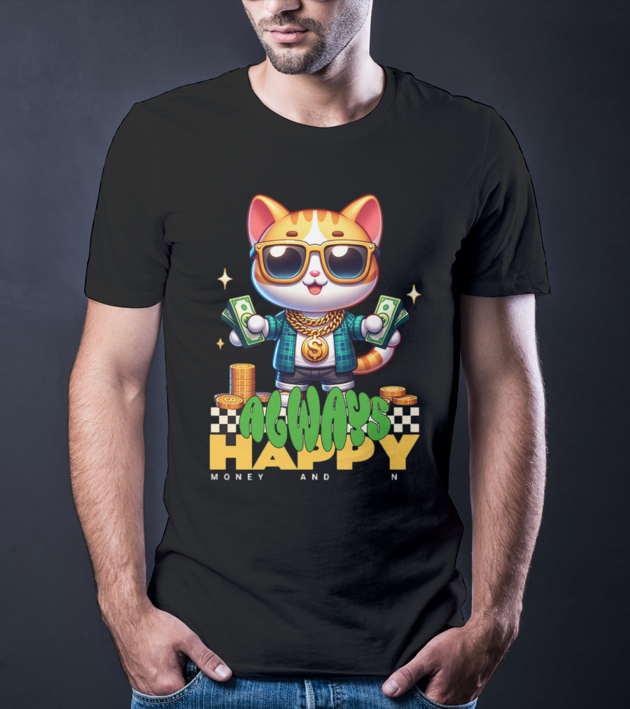 Always Happy Money And Fun Cool Cat With Sunglasses And Cash T-Shirt