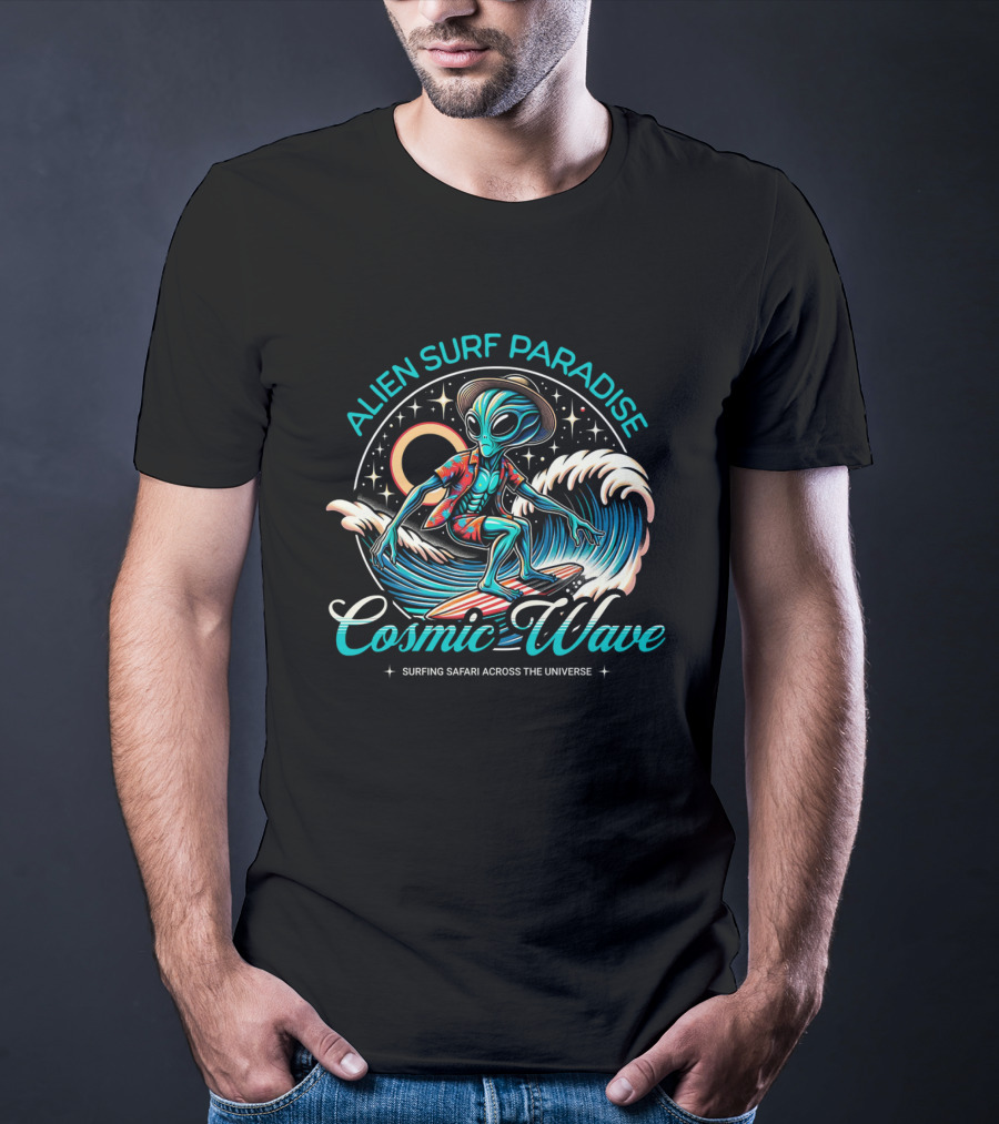 ALIEN SURF PARADISE COSMIC WAVE SURFING SAFARI ACROSS THE UNIVERSE T-Shirt