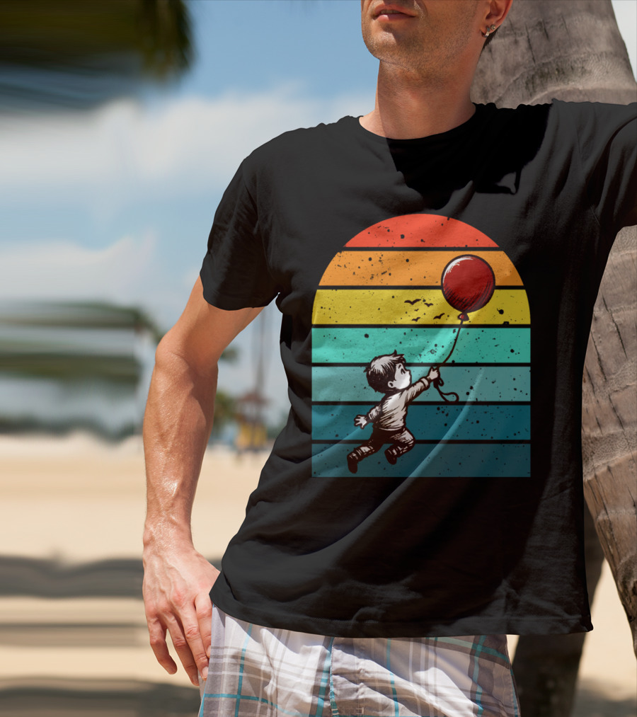Boy Holding Red Balloon Retro Vintage Rainbow Stripes T-Shirt