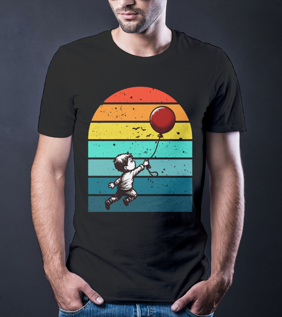 Boy Holding Red Balloon Retro Vintage Rainbow Stripes T-Shirt
