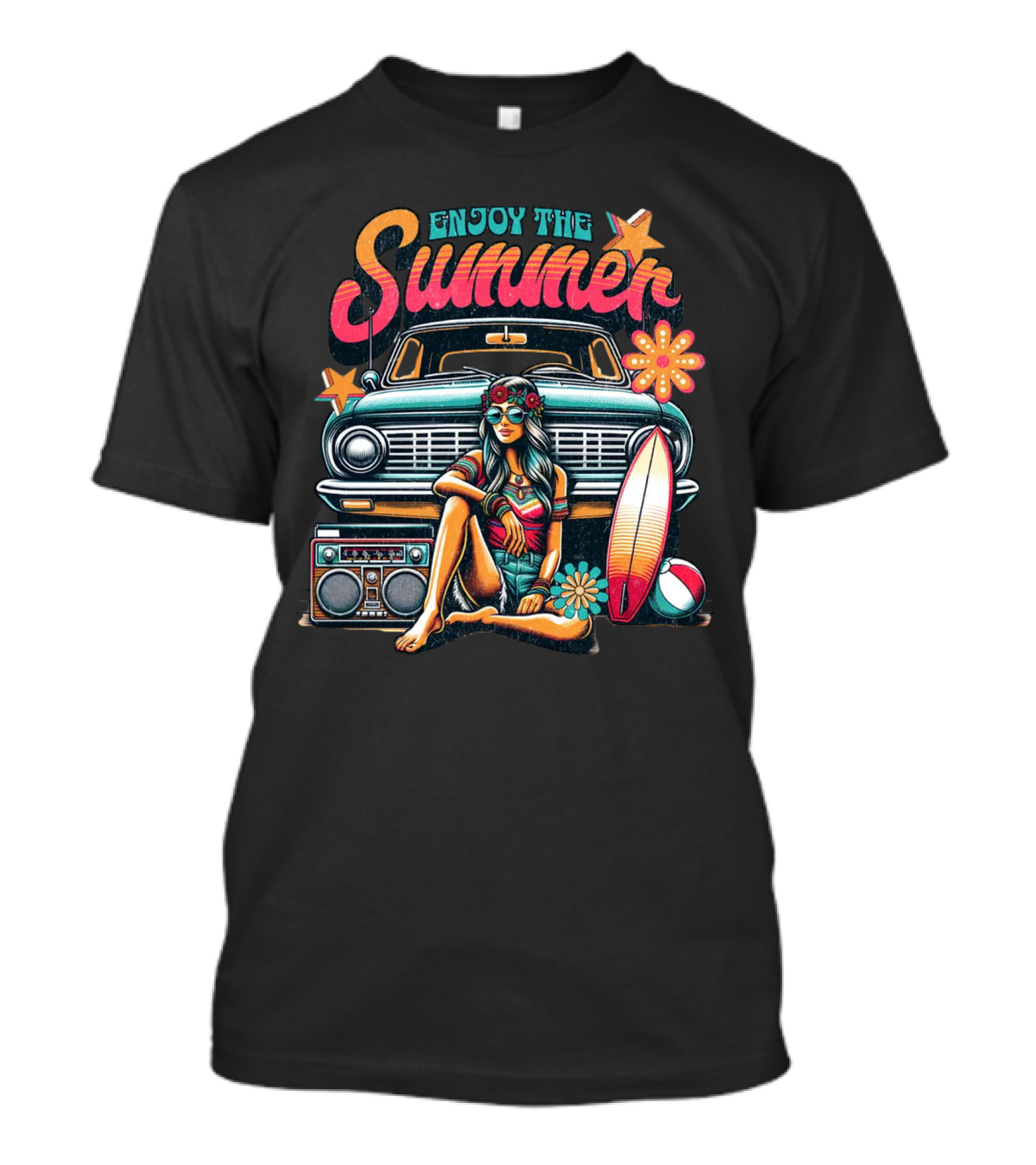 Enjoy The Summer Hippie Girl Surf Van Beach Vibes Vintage Boombox T-Shirt