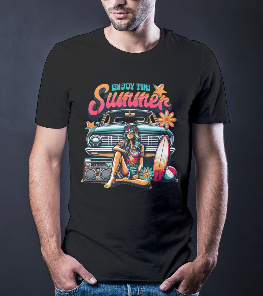 Enjoy The Summer Hippie Girl Surf Van Beach Vibes Vintage Boombox T-Shirt