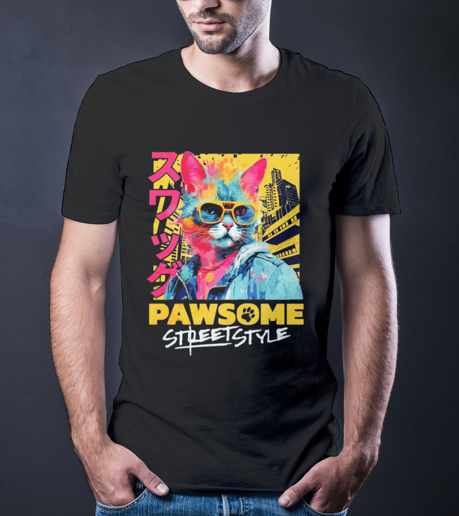 Pawsome Streetstyle Cat With Jacket And Sunglasses Urban Cityscape T-Shirt