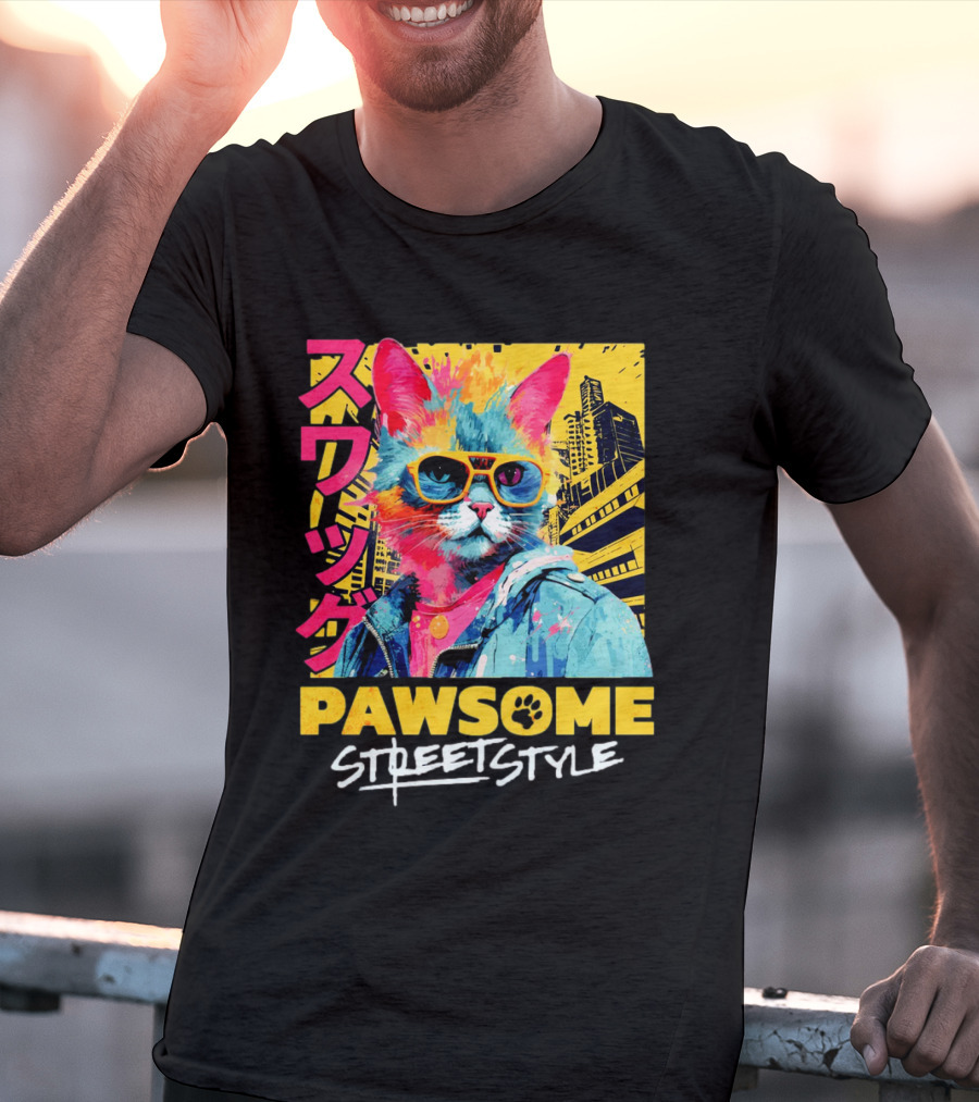 Pawsome Streetstyle Cat With Jacket And Sunglasses Urban Cityscape T-Shirt