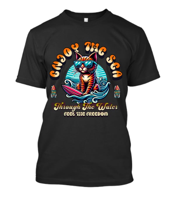 Enjoy The Sea Through The Water Feel The Freedom Retro Illustrative Surfing Cat T-Shirt
