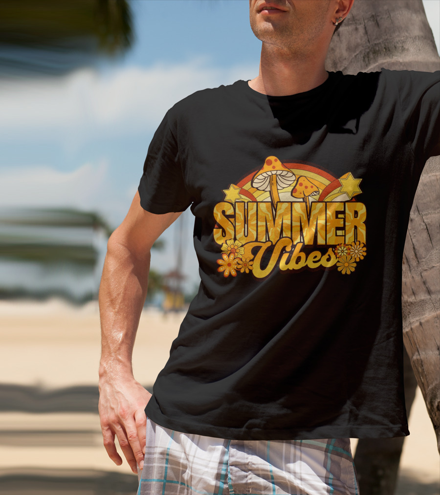 Summer Vibes Groovy Hippie Mushrooms And Flowers Retro Starburst T-Shirt