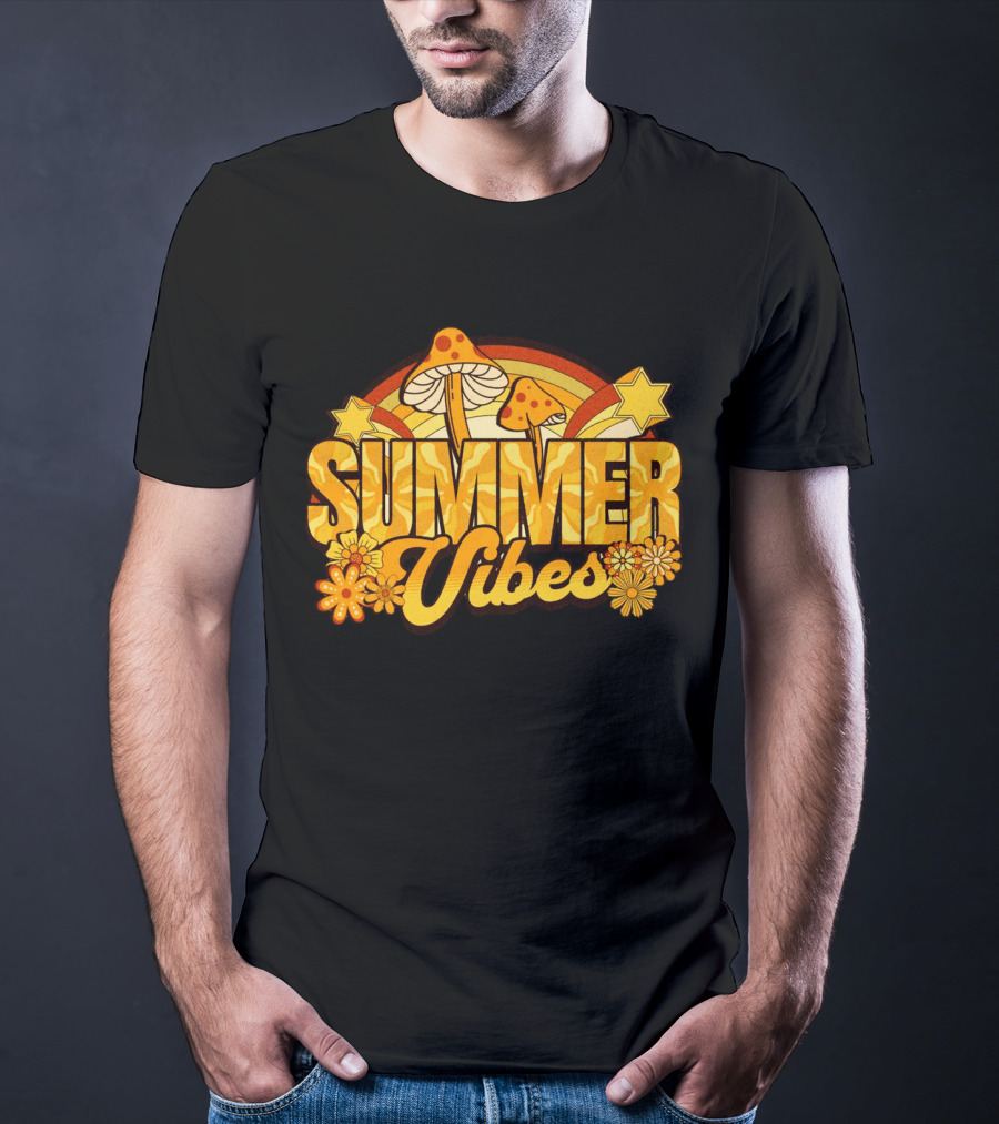 Summer Vibes Groovy Hippie Mushrooms And Flowers Retro Starburst T-Shirt