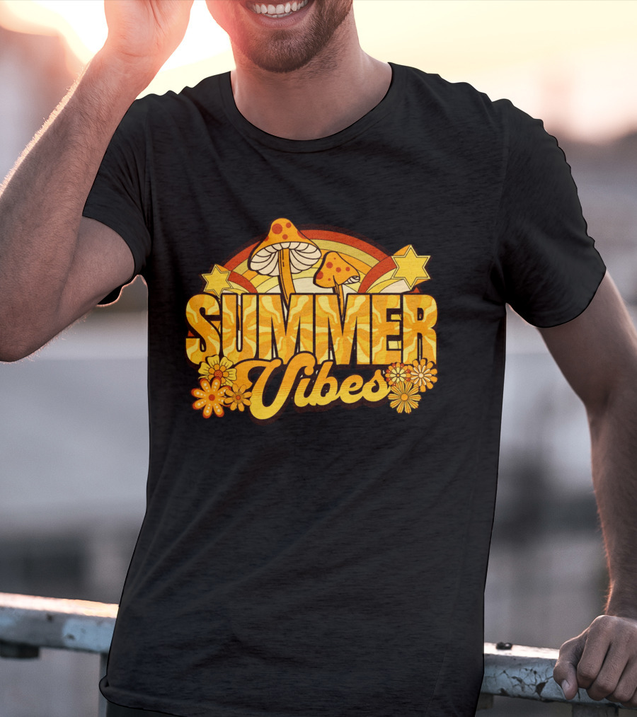 Summer Vibes Groovy Hippie Mushrooms And Flowers Retro Starburst T-Shirt