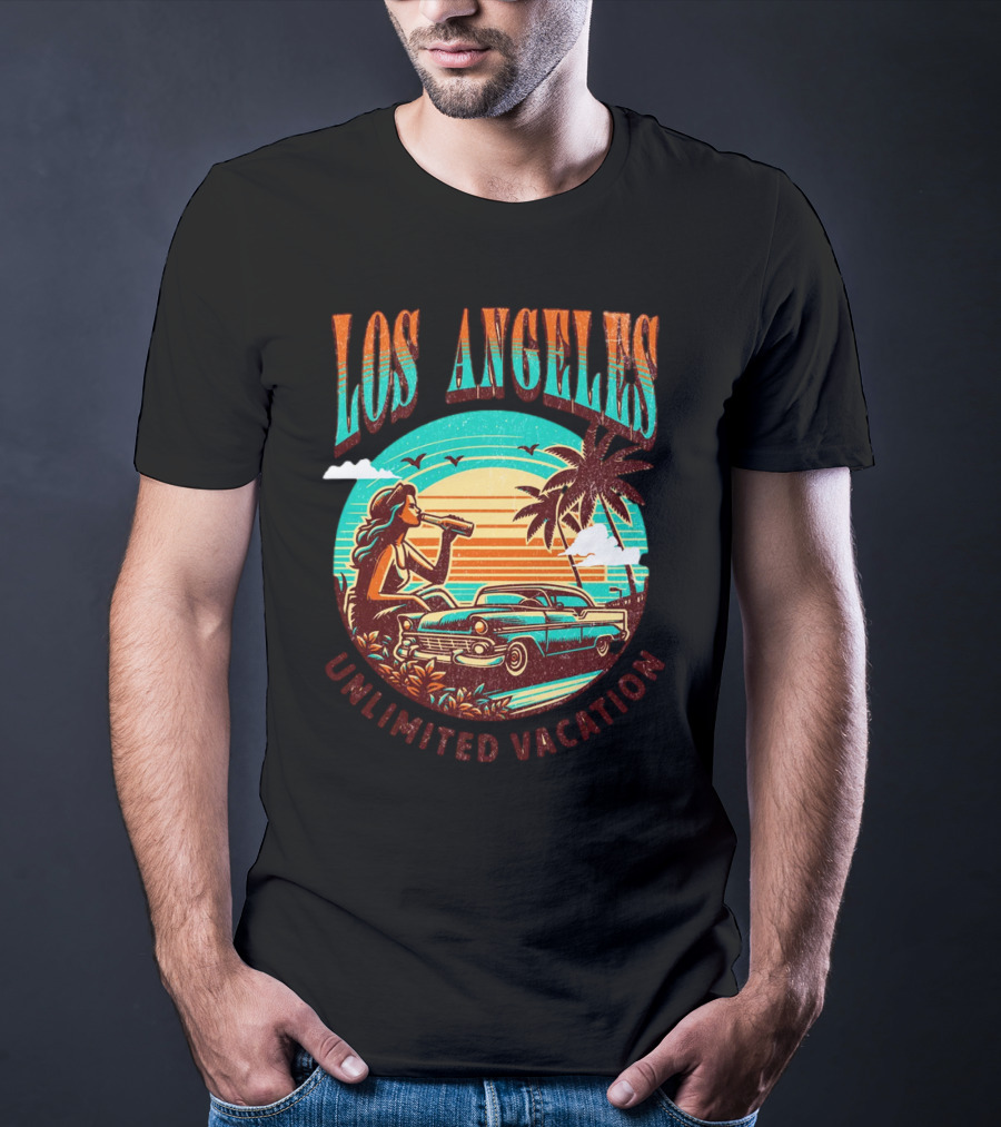 Los Angeles Unlimited Vacation Classic Car Palm Trees Sunset Vibes T-Shirt