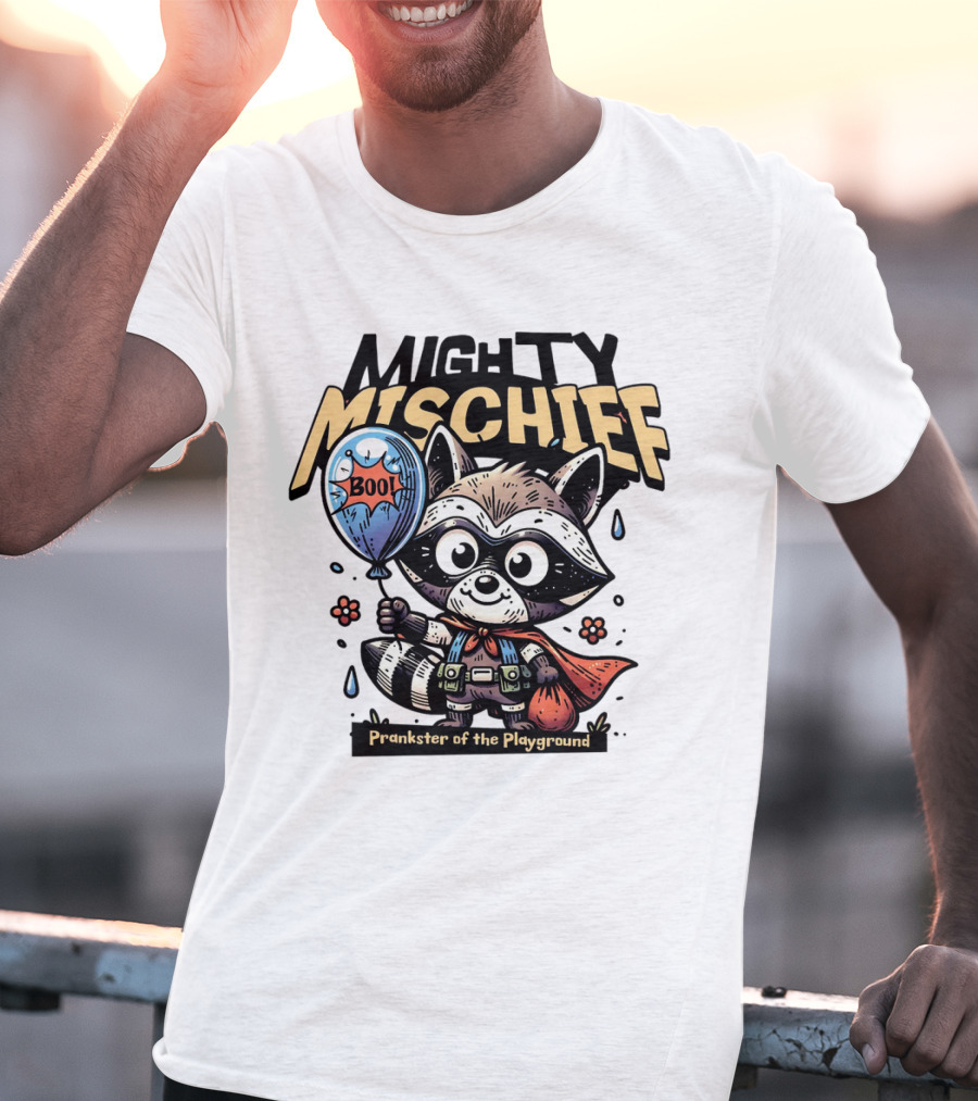 Mighty Mischief Raccoon With Boo Balloon Prankster Of The Playground T-Shirt
