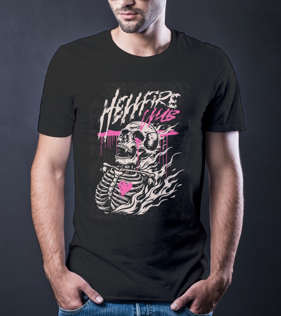 Hellfire Club Skeleton With Flames And Pink Heart Accents T-Shirt