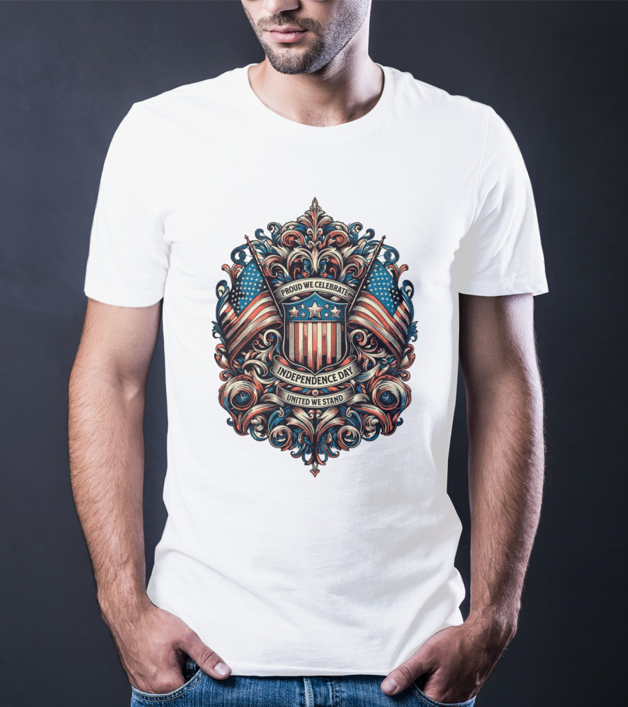 Proud We Celebrate Independence Day United We Stand American Flag Shield Ornamental T-Shirt