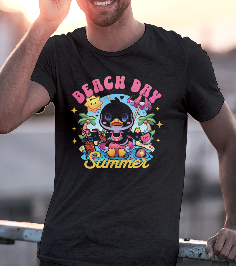 Beach Day Summer Happy Times Good Sunshine Duck In Pool With Palm Trees And Watermelon T-Shirt