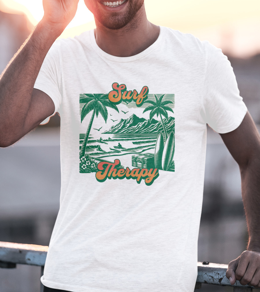 Surf Therapy Tropical Beach Scene With Palm Trees And Surfboards T-Shirt
