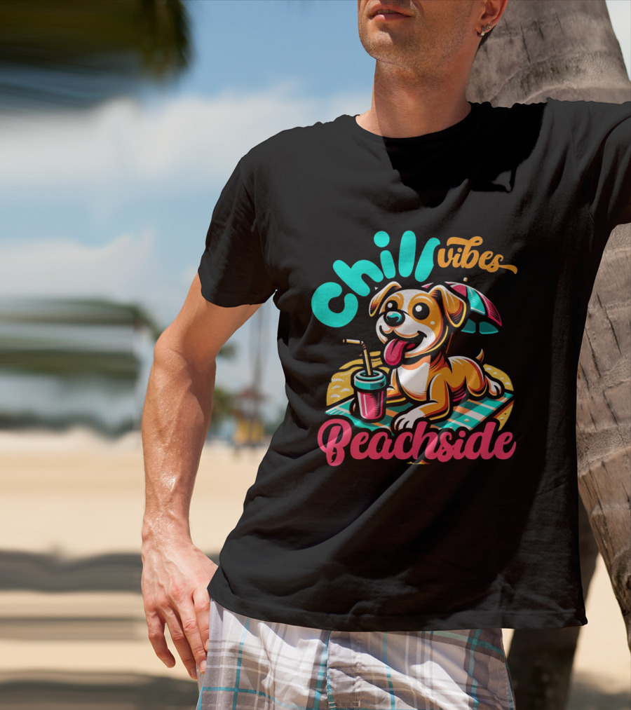 Chill Vibes Beachside Relaxing Dog With Umbrella And Drink T-Shirt