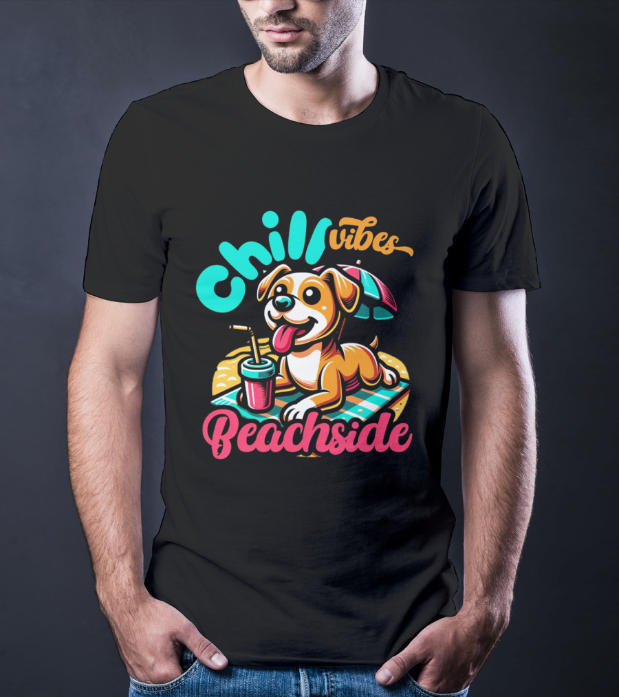Chill Vibes Beachside Relaxing Dog With Umbrella And Drink T-Shirt