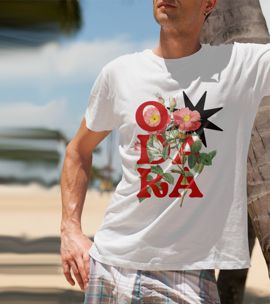 ODARA Bold Floral Art With Red Letters And Pink Flowers T-Shirt