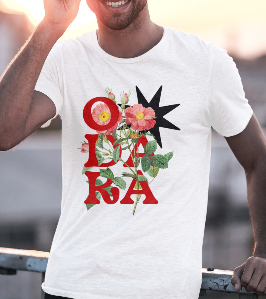 ODARA Bold Floral Art With Red Letters And Pink Flowers T-Shirt