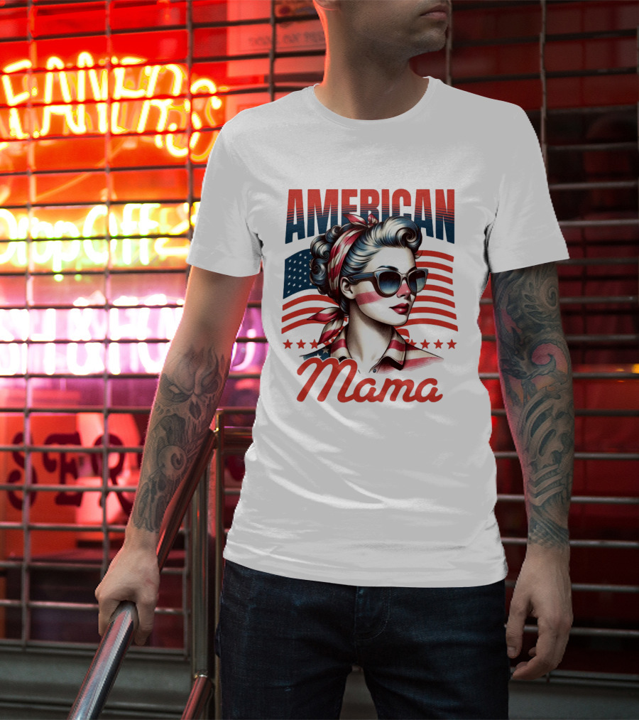 American Mama Vintage Patriotic Bandana Sunglasses Retro Flag Stars T-Shirt