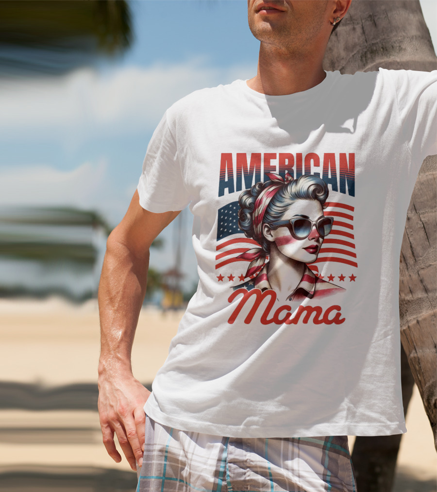 American Mama Vintage Patriotic Bandana Sunglasses Retro Flag Stars T-Shirt